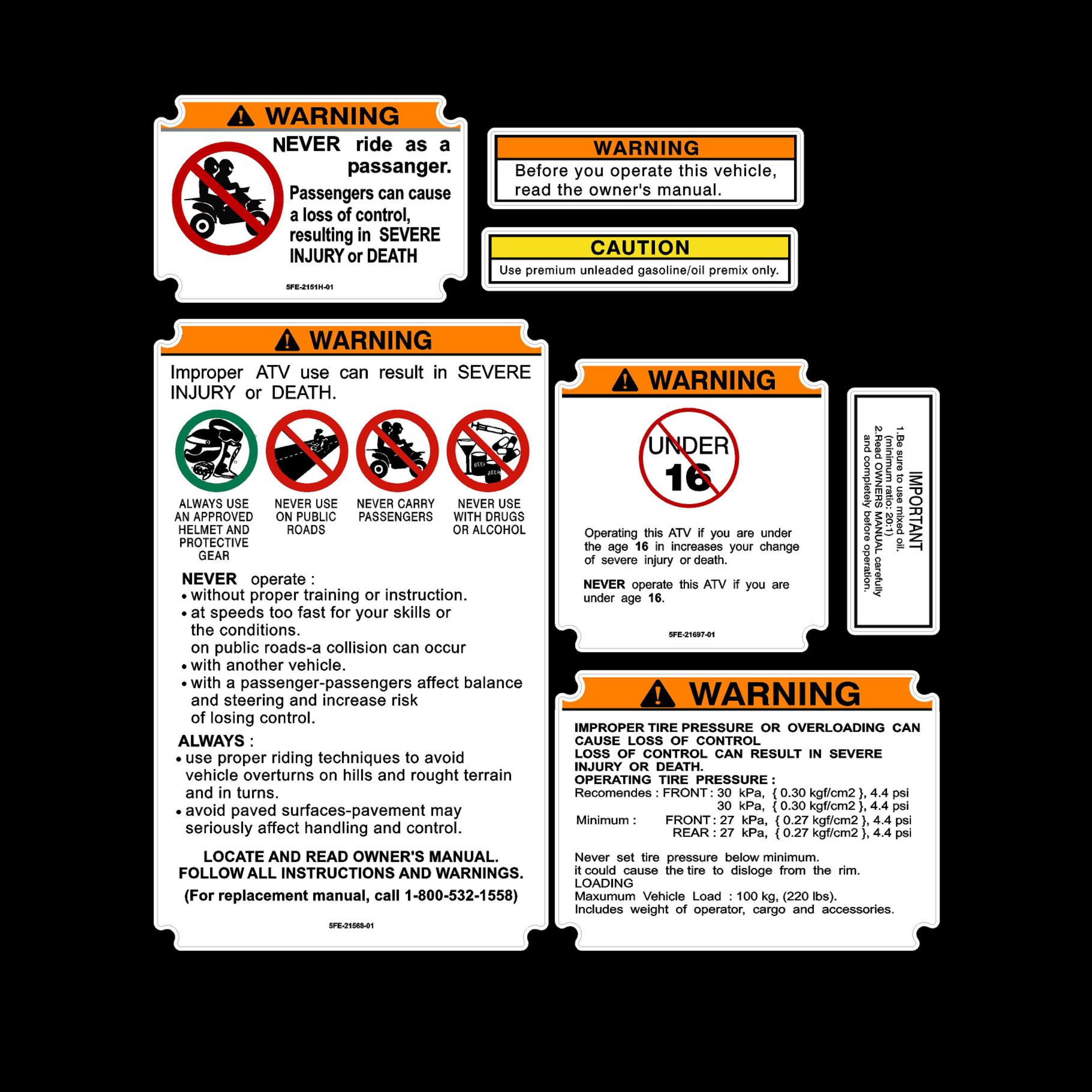 Warning Labels Full Set Estilo OEM - Yamaha Banshee, Raptor, Etc
